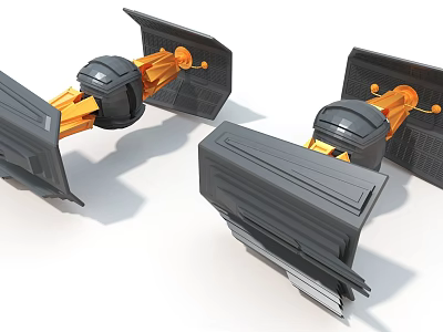 3D Rendered Modern Art Installation With Black Orange Geometric And Mechanical Design 3d model