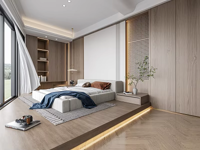 Modern Bedroom Interior Design With Wooden Walls Floor to Ceiling Windows And King Size Bed 3d model