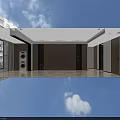 Dining and Living Room Interior With Wooden Wall Open Shelves Green Plant And Marble Floor