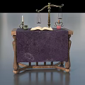 Vintage Mystical Table With Purple Cloth Open Book Balance Scale Candle Inkwell Red Vial