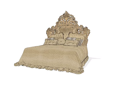 Classic European Style Double Bed With Ornate Carved Headboard And Beige Linen Bedding Ruffled Edges 3d model