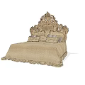 Classic European Style Double Bed With Ornate Carved Headboard And Beige Linen Bedding Ruffled Edges