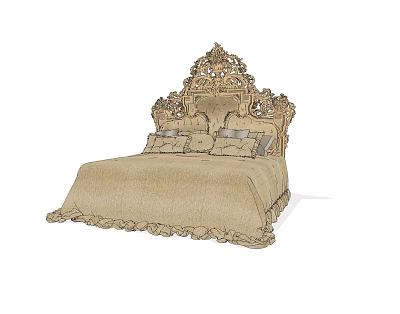 Classic European Style Double Bed With Ornate Carved Headboard And Beige Linen Bedding Ruffled Edges 3d model