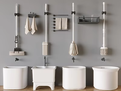 Practical Modern Bathroom Accessories With Wall Mounted Holders Mops Towels And Wash Basins 3d model