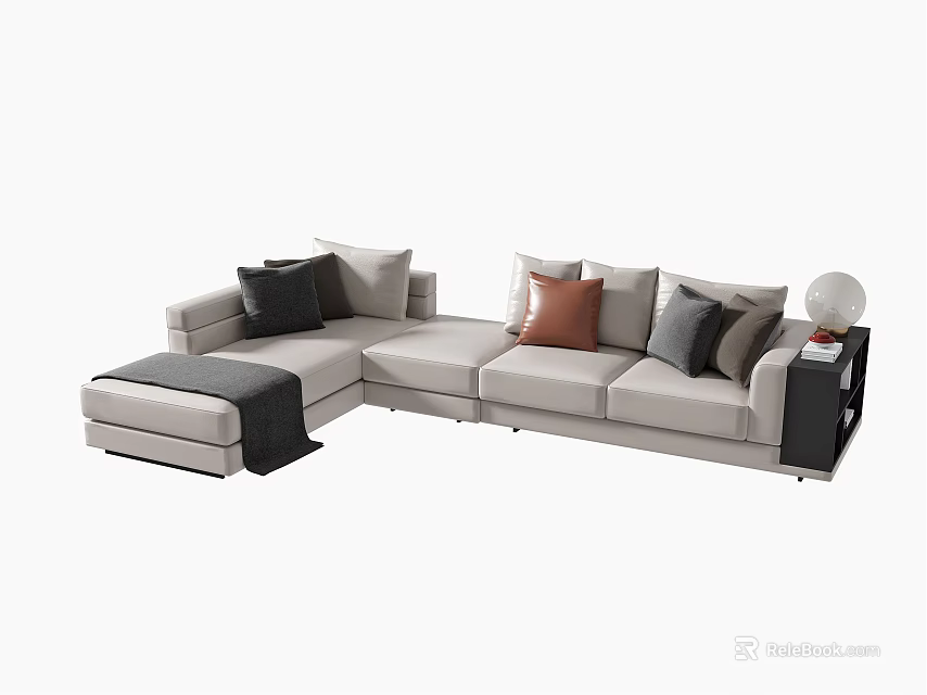 Modern Beige Sectional Sofa With Black Brown Gray Pillows And Ottoman 3d model