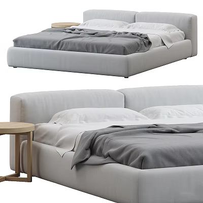 Modern Double Bed With Upholstered Frame Gray Comforter And White Sheets 3d model
