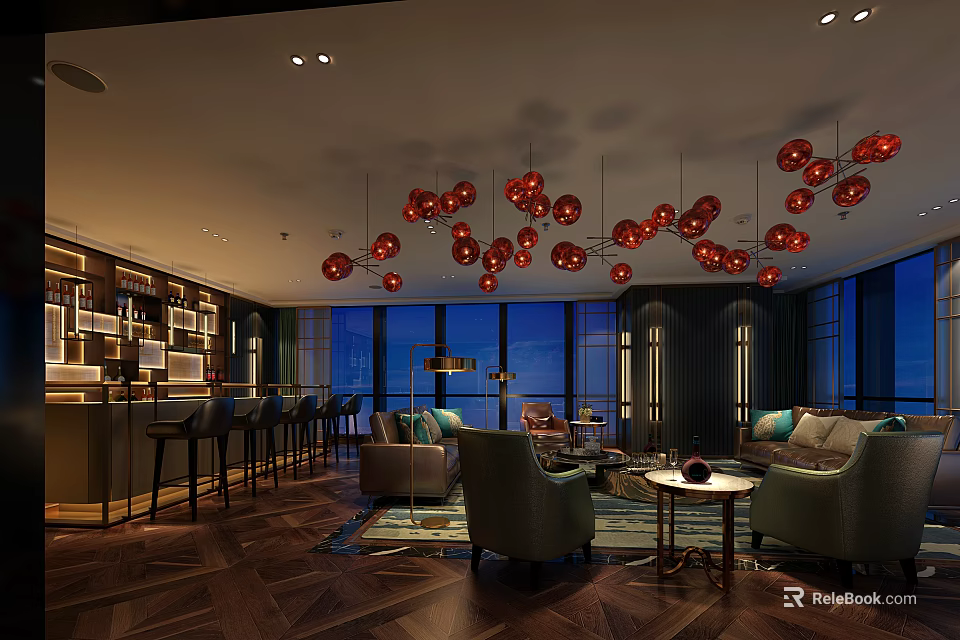 Elegant Club Lounge With Red Pendant Lights Green Sofas Bar Counter And Wooden Flooring 3d model 