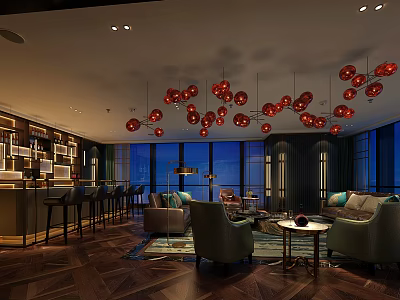 Elegant Club Lounge With Red Pendant Lights Green Sofas Bar Counter And Wooden Flooring 3d model