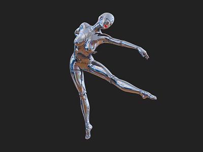 Silver Metallic Intelligent Robot In Elegant Dancing Pose With Red Eyes 3d model
