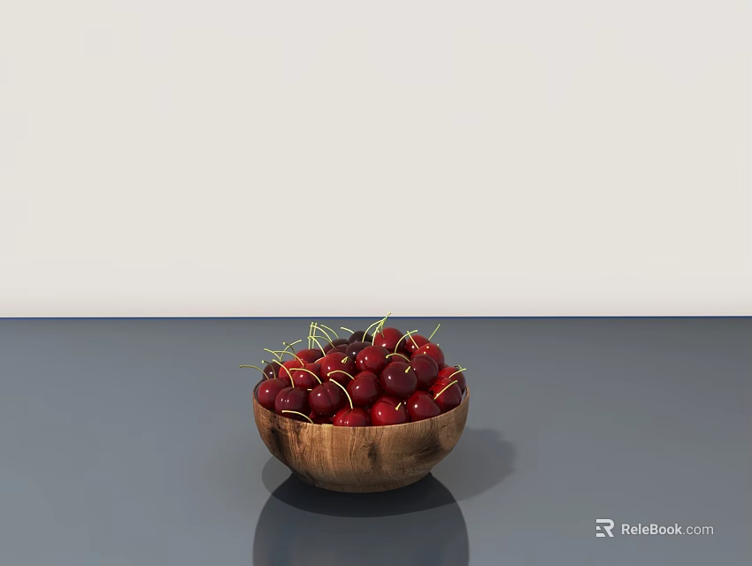 Ceramic Bowl Filled With Fresh Red Cherries On Gray Tabletop White Background 3d model 