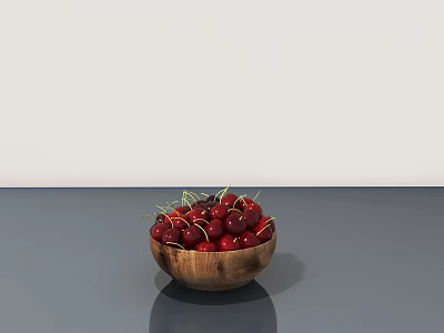 Ceramic Bowl Filled With Fresh Red Cherries On Gray Tabletop White Background 3d model