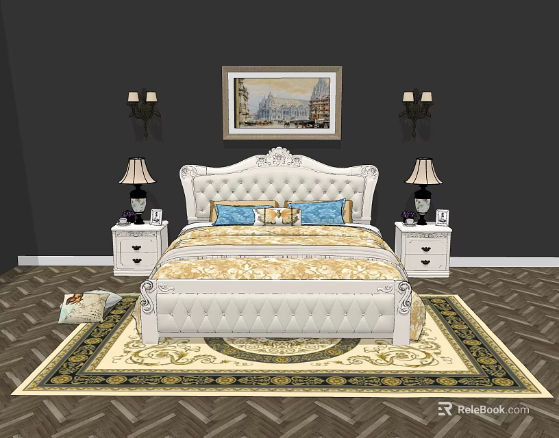 Double Bed With Ornate White Headboard Blue Pillows Gold Bedspread Nightstands Lamps And Decorative Rug 3d model 