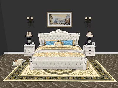 Double Bed With Ornate White Headboard Blue Pillows Gold Bedspread Nightstands Lamps And Decorative Rug 3d model
