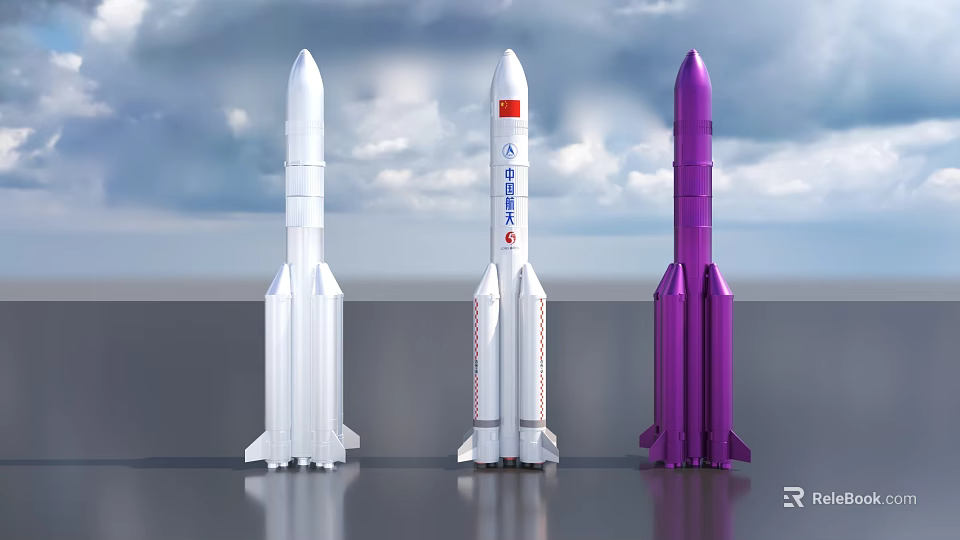 Chinese Space Rockets Three Models in White and Purple with China Aerospace Logo 3d model 