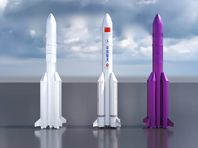 Chinese Space Rockets Three Models in White and Purple with China Aerospace Logo 3d model