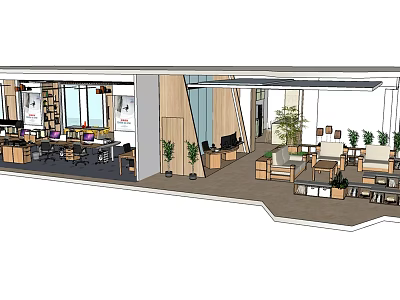 Modern Public Office Space Design With Open Layout Office Desks And Green Plants 3d model
