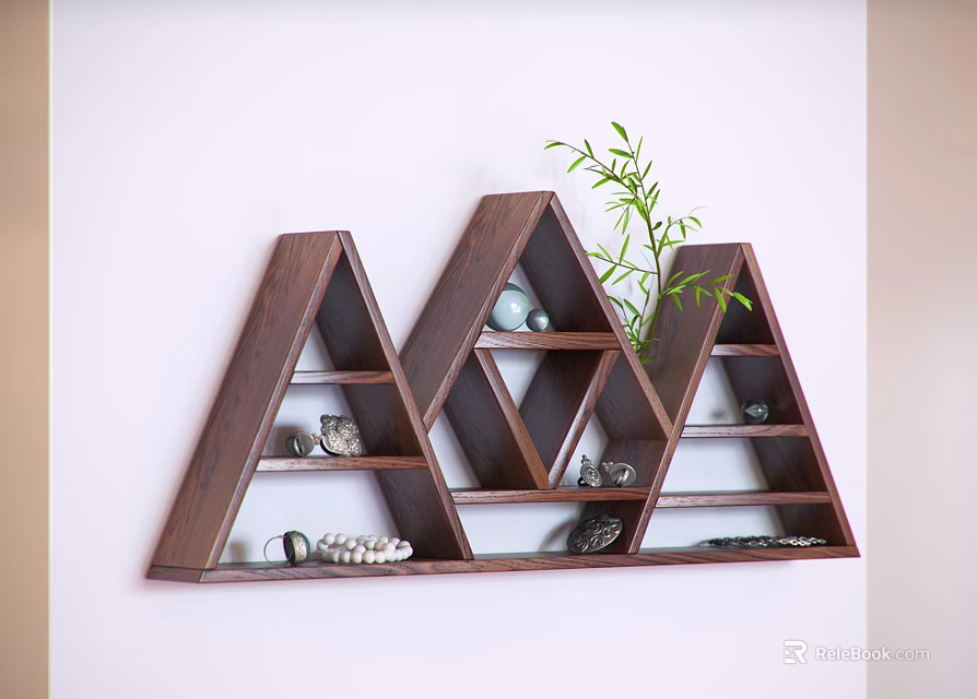 Triangular Wooden Wall Cabinet With Decorative Items And Green Plant On White Wall 3d model