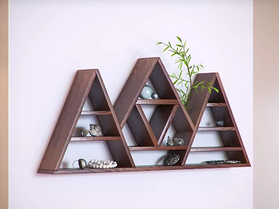 Triangular Wooden Wall Cabinet With Decorative Items And Green Plant On White Wall 3d model