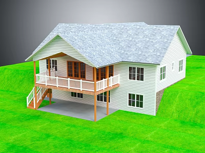 Residential House With Gray Roof White Walls Wooden Porch Railings Stairs And Lush Green Lawn 3d model