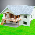 Residential House With Gray Roof White Walls Wooden Porch Railings Stairs And Lush Green Lawn