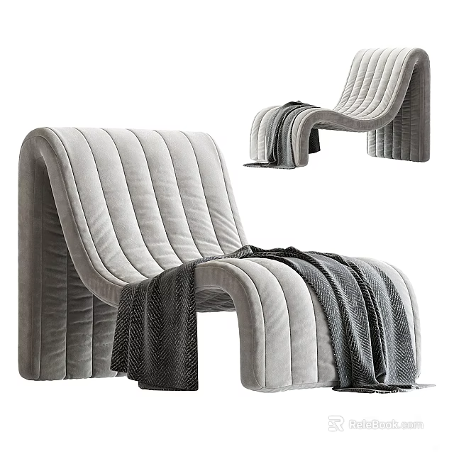 Modern Gray Velvet Lounge Chair With Curved Striped Design And Blanket 3d model 
