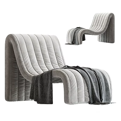 Modern Gray Velvet Lounge Chair With Curved Striped Design And Blanket 3d model