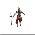 Fantasy Female Warrior Character In Metallic Armor With Red Cape And Sword