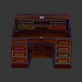 Vintage Classic Red Wooden Desk With Multiple Drawers And Open Compartments