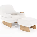 White Upholstered Single Seater Sofa with Matching Ottoman Wooden Legs and Armrest Tray