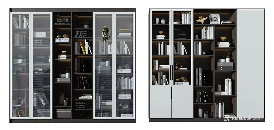 Modern Bookcase Design With Glass And White Doors Multiple Shelves Books Decorative Items And Plants 3d model 