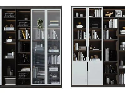 Modern Bookcase Design With Glass And White Doors Multiple Shelves Books Decorative Items And Plants 3d model