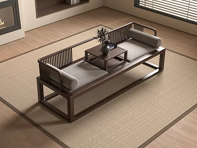 Traditional Wooden Arhat Bed With Side Table Potted Plant And Beige Carpet 3d model