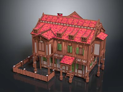 Cartoon Style Wooden House With Red Roof Tiles Multiple Windows Porch And Fence Structure 3d model