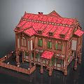 Cartoon Style Wooden House With Red Roof Tiles Multiple Windows Porch And Fence Structure