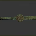 Ancient Bronze Sculpture Carving Featuring Hook Shaped Design Green Patina And Circular Decoration