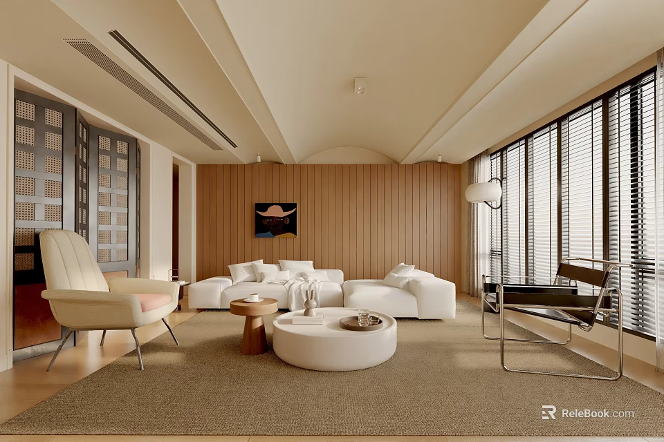 Modern Living Room Interior With White Sofa Wooden Panel Walls And Round Coffee Table 3d model 
