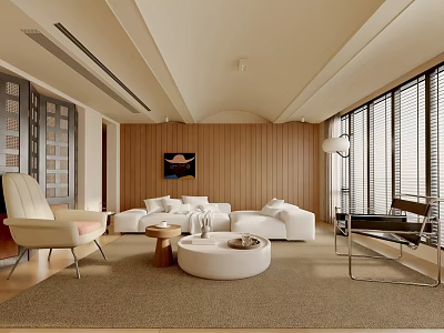 Modern Living Room Interior With White Sofa Wooden Panel Walls And Round Coffee Table 3d model