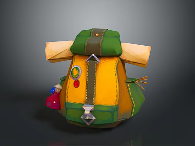 Stylish Yellow Green Backpack With Decorative Patches And Small Accessories 3d model