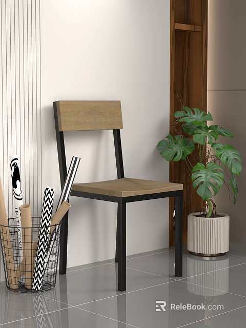 Stylish Leisure Chair With Wooden Back Black Metal Frame And Monstera Plant By White Wall 3d model 