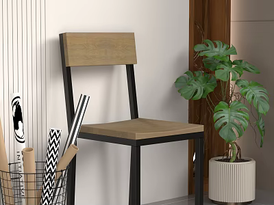 Stylish Leisure Chair With Wooden Back Black Metal Frame And Monstera Plant By White Wall 3d model