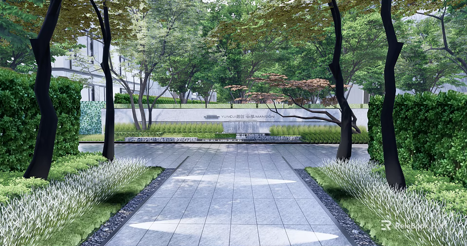 Garden Wall Design With Stone Surface Surrounding Trees Greenery And Pathway 3d model 