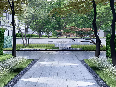 Garden Wall Design With Stone Surface Surrounding Trees Greenery And Pathway 3d model