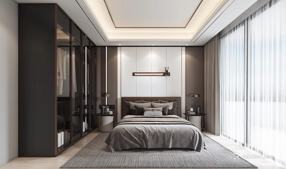 Modern Bedroom Interior Design With Dark Wardrobe King Bed Nightstands And Curtain Windows 3d model 