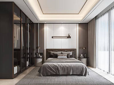 Modern Bedroom Interior Design With Dark Wardrobe King Bed Nightstands And Curtain Windows 3d model