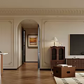 Modern Living Dining Room With Leather Sofa Green Cushions Black Cabinets Herringbone Floor Decorative Paintings