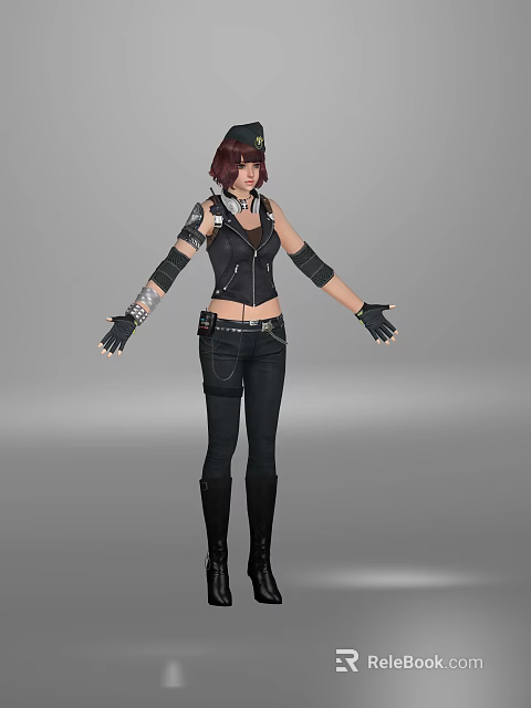 Woman With Red Short Hair In Black Leather Jacket Pants Arm Guards And Gloves 3d model 