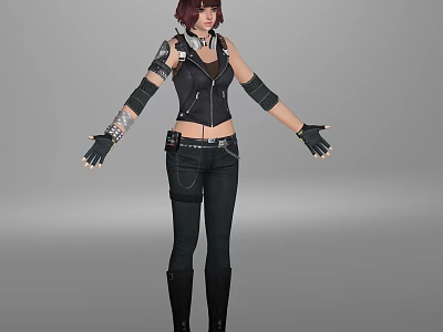 Woman With Red Short Hair In Black Leather Jacket Pants Arm Guards And Gloves 3d model