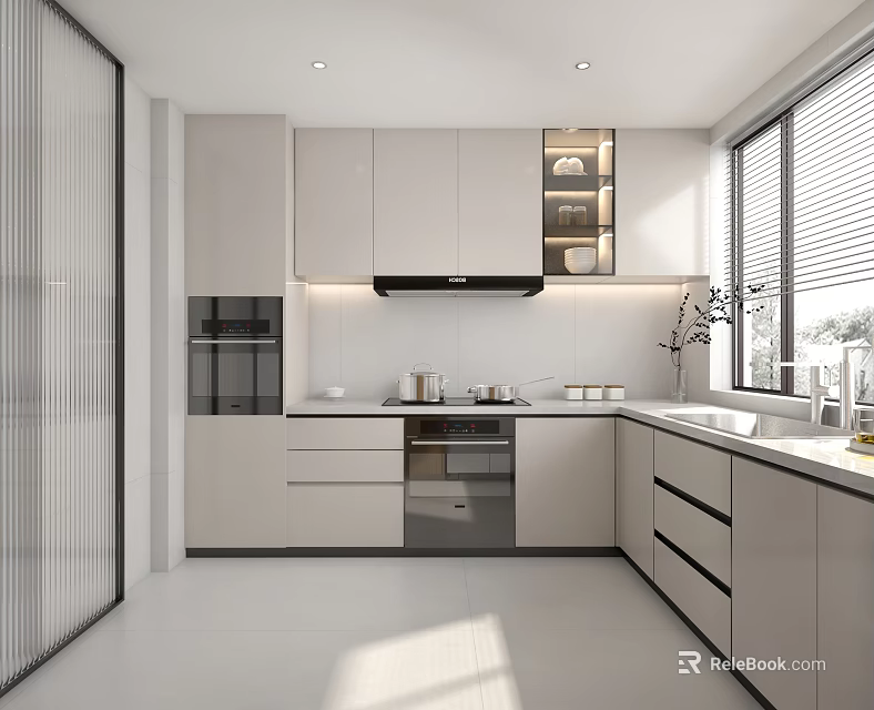Modern Kitchen Interior Design With Light Cabinets Sleek Countertop Built In Appliances And Window Blinds 3d model 