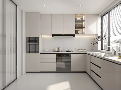 Modern Kitchen Interior Design With Light Cabinets Sleek Countertop Built In Appliances And Window Blinds 3d model