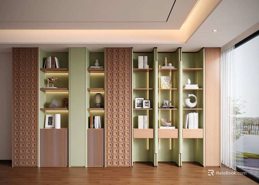 Elegant Modern Decorative Cabinets With Geometric Panels Green Brown Shelves Books Ornaments Vases Frames 3d model 
